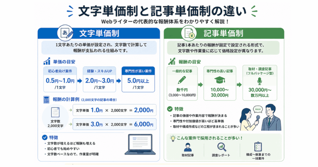 webライターの報酬について、文字単価制と記事単価制の違いを説明する図