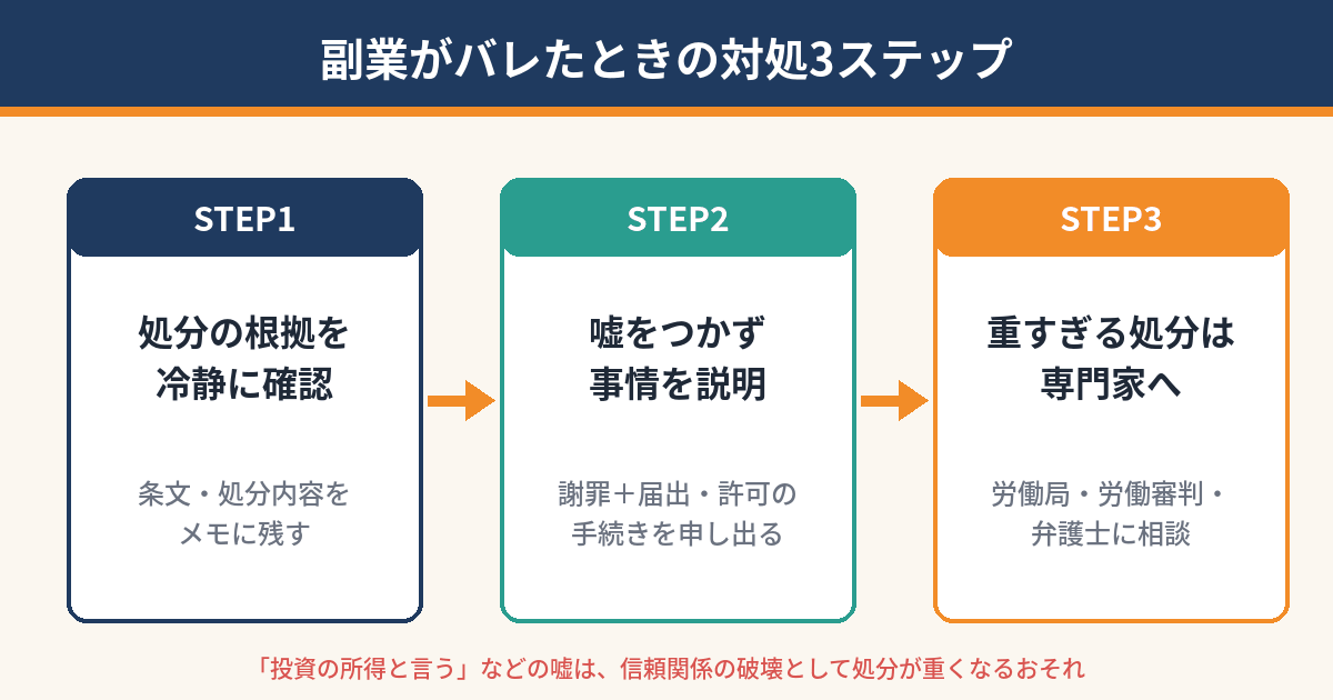 副業が会社にバレたときの3つの対処ステップを示した図